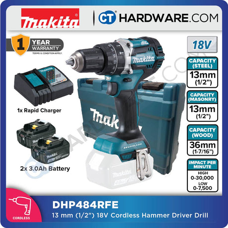 MAKITA DHP484RME/ RFE/ ZZ 13MM (1/2") CORDLESS HAMMER DRIVER DRILL WITH BRUSHLESS MOTOR (LXT SERIES)