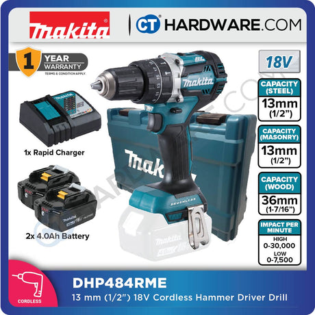 MAKITA DHP484RME/ RFE/ ZZ 13MM (1/2") CORDLESS HAMMER DRIVER DRILL WITH BRUSHLESS MOTOR (LXT SERIES)