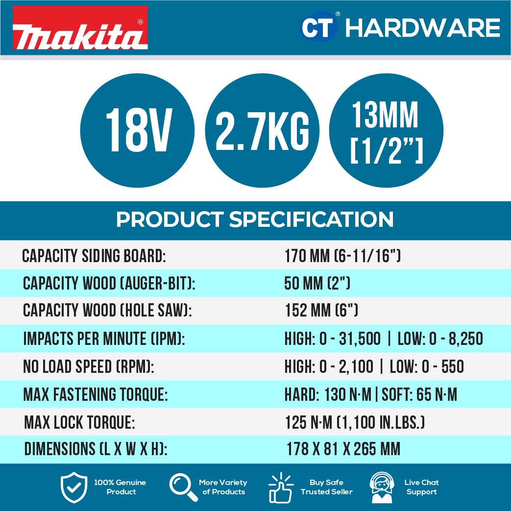 Makita DHP486RTE/ Z LXT 18V Cordless Brushless Hammer Driver Drill 13mm 65NM (Body Only | 1-Battery | 2-Battery)