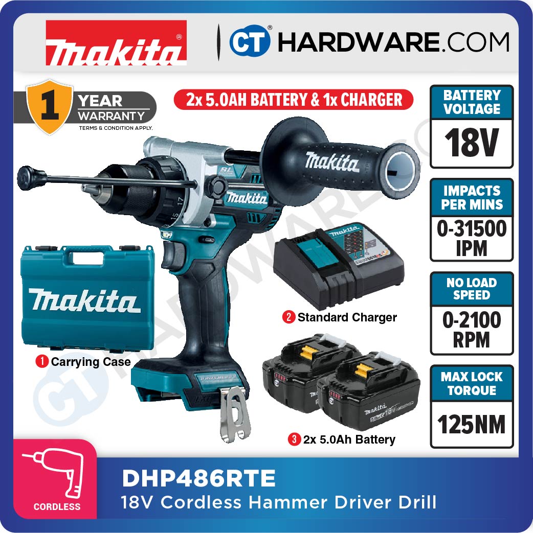 Makita DHP486RTE/ Z LXT 18V Cordless Brushless Hammer Driver Drill 13mm 65NM (Body Only | 1-Battery | 2-Battery)