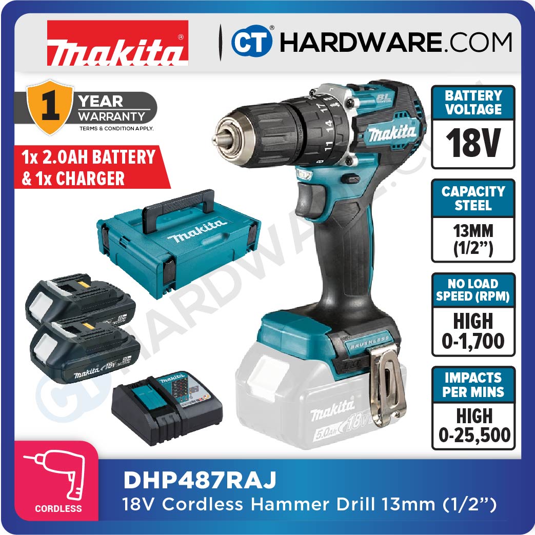 MAKITA DHP487RAJ/ Z CORDLESS HAMMER DRILL 18V 1/2" 13MM 500-1700RPM 40NM