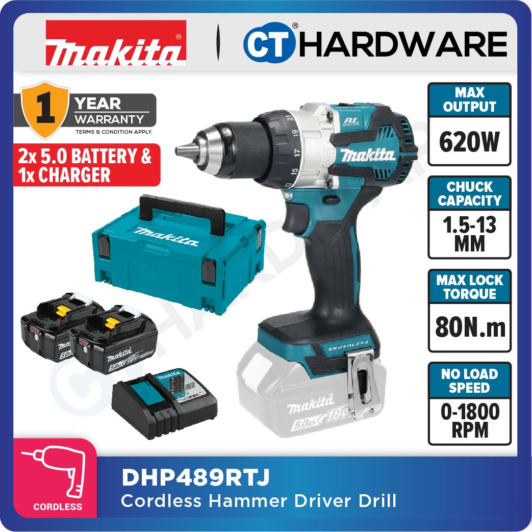 Makita DHP489Z/ RTJ LXT 18V Cordless Brushless Hammer Driver Drill 13mm 80NM (Body Only | 2-Battery)