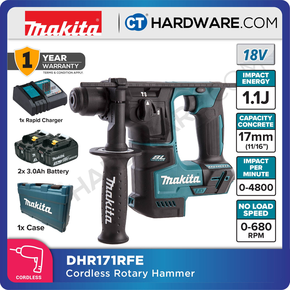 MAKITA DHR171RFE / RTE / ZCORDLESS ROTARY HAMMER 18V 3.0AH 17MM 680RPM ( SDS PLUS , 2 MODE )