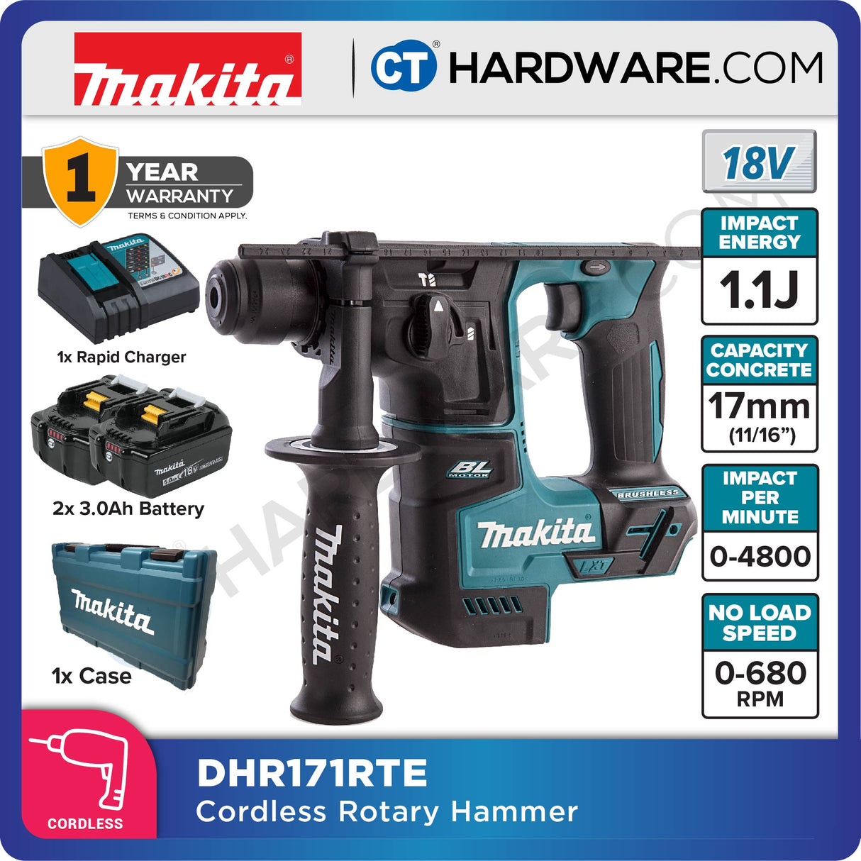 MAKITA DHR171RFE / RTE / ZCORDLESS ROTARY HAMMER 18V 3.0AH 17MM 680RPM ( SDS PLUS , 2 MODE )