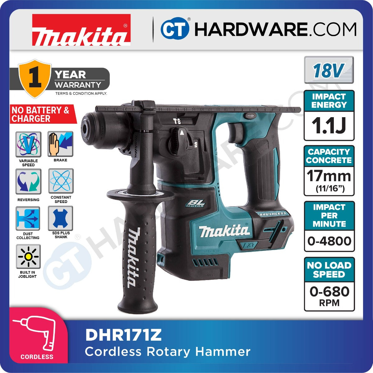 MAKITA DHR171RFE / RTE / ZCORDLESS ROTARY HAMMER 18V 3.0AH 17MM 680RPM ( SDS PLUS , 2 MODE )