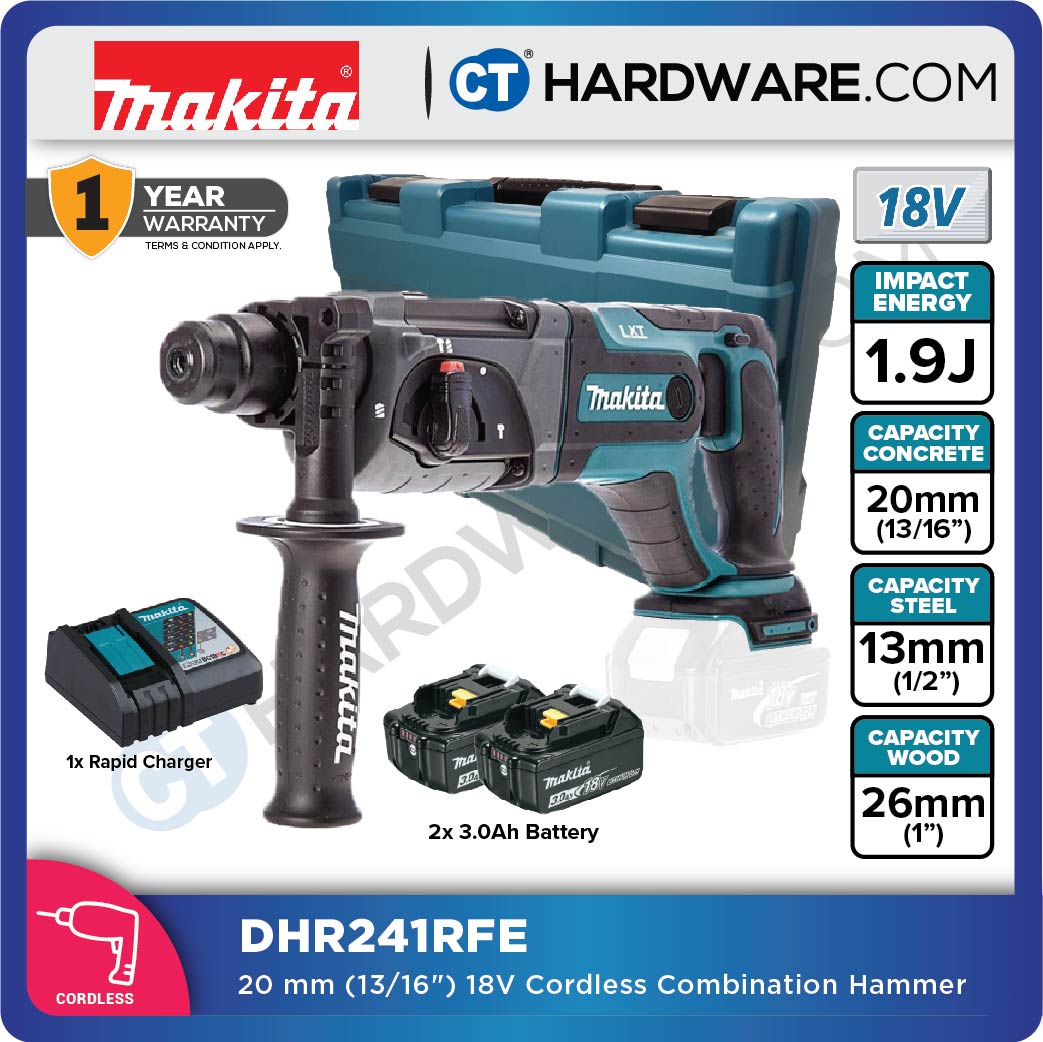 Makita DHR241RFE/ Z LXT 18V Cordless SDS Plus Combination Hammer 3-Mode 20mm (Body Only | 2-Battery)