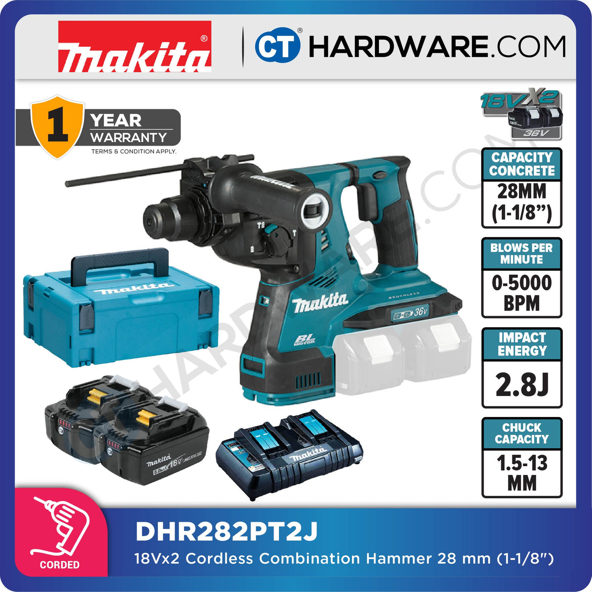 Makita DHR282PT2J/ Z LXT 18Vx2 Cordless Brushless SDS Plus Combination Hammer 3-Mode 28mm 2.8J (Body Only | 2-Battery)