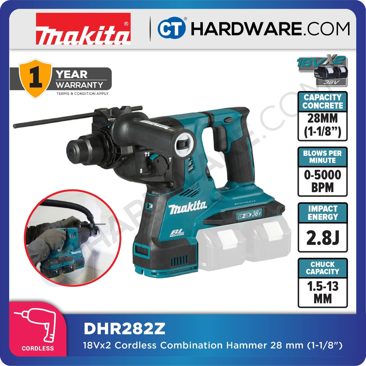 Makita DHR282PT2J/ Z LXT 18Vx2 Cordless Brushless SDS Plus Combination Hammer 3-Mode 28mm 2.8J (Body Only | 2-Battery)