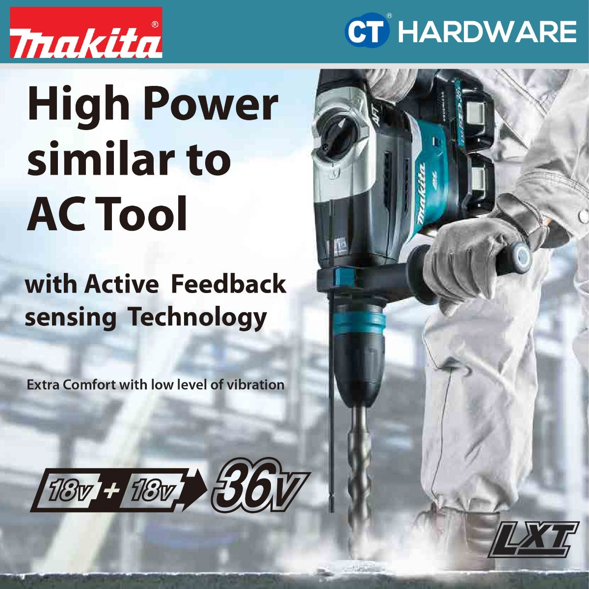 Makita DHR400ZKN LXT 18Vx2 Cordless Brushless SDS-MAX Rotary Hammer 40mm 8.0J With 2×5.0Ah Batteries and Charger Kit