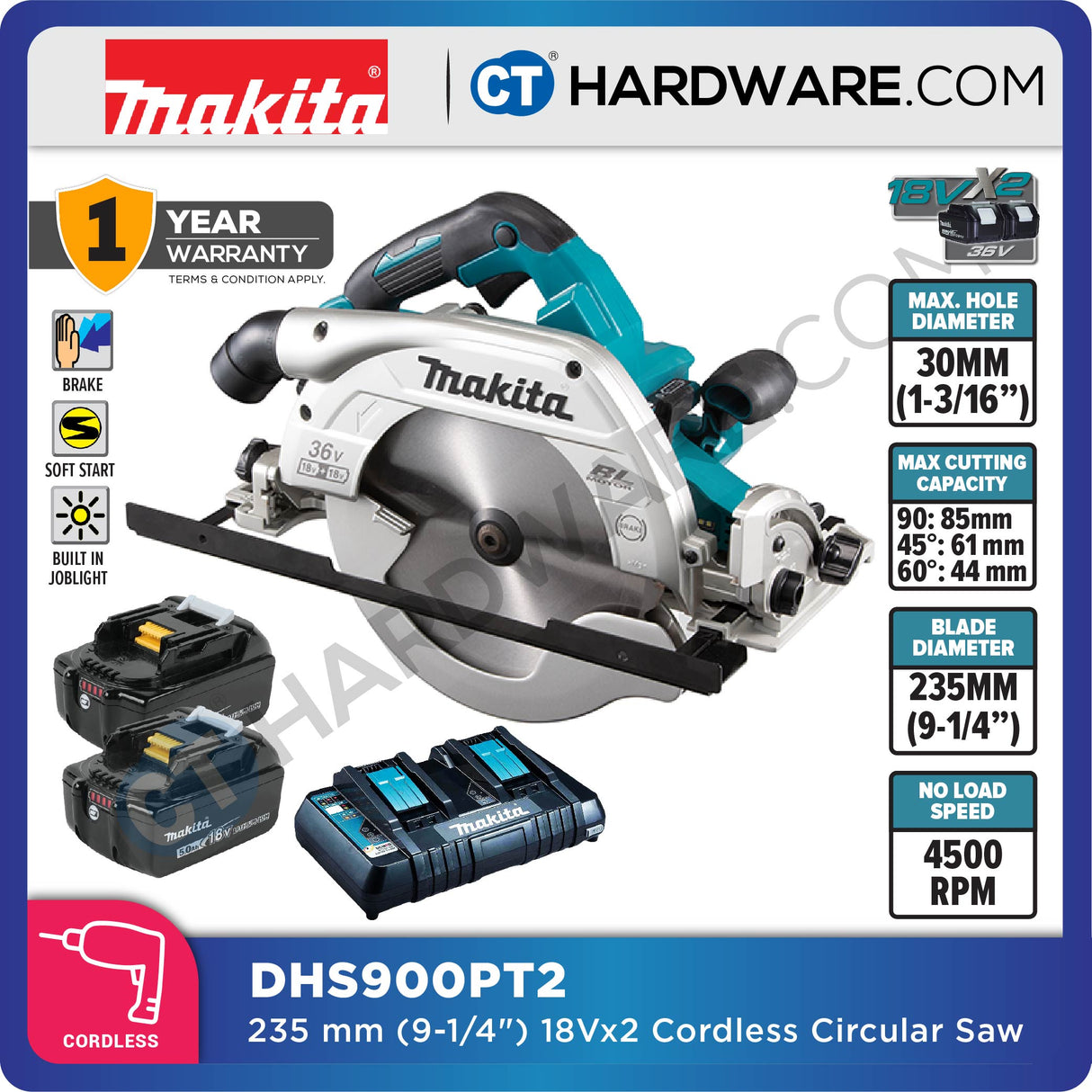 Makita DHS900PT2/ Z LXT 18Vx2 Cordless Brushless Circular Saw 235mm (9-1/4") (Body Only | 2-Battery)