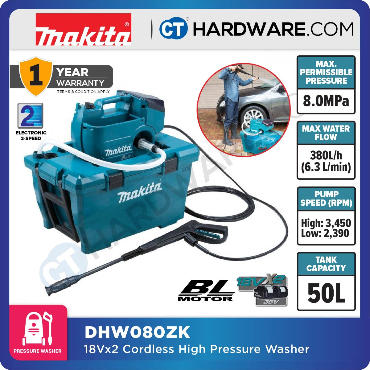 Makita DHW080ZK LXT 18Vx2 Cordless Brushless High Pressure Washer 80 Bar (Body Only)