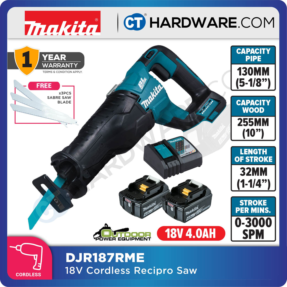 Makita DJR187RME/ RFE/ Z LXT 18V Cordless Brushless Recipro Saw (Body Only | 2-Battery)