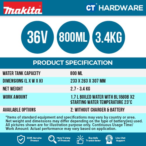 Makita DKT360Z LXT 18Vx2 Cordless Kettle 800ml (Body Only)
