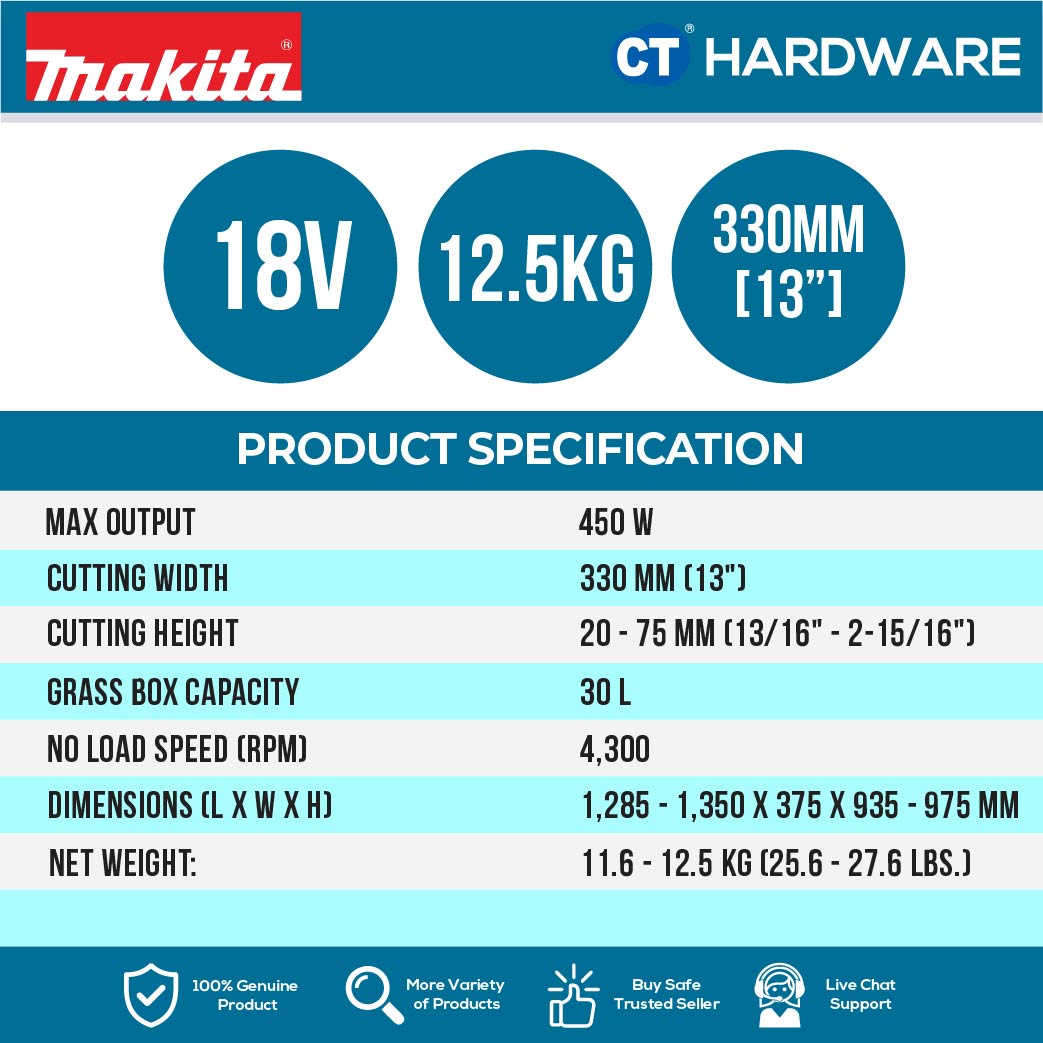 MAKITA DLM330SM CORDLESS LAWNMOWER 13" 18V 450W 4300RPM 30L COME WITH 1PC 18V 4.0AH BATTERY & 1PC CHARGER