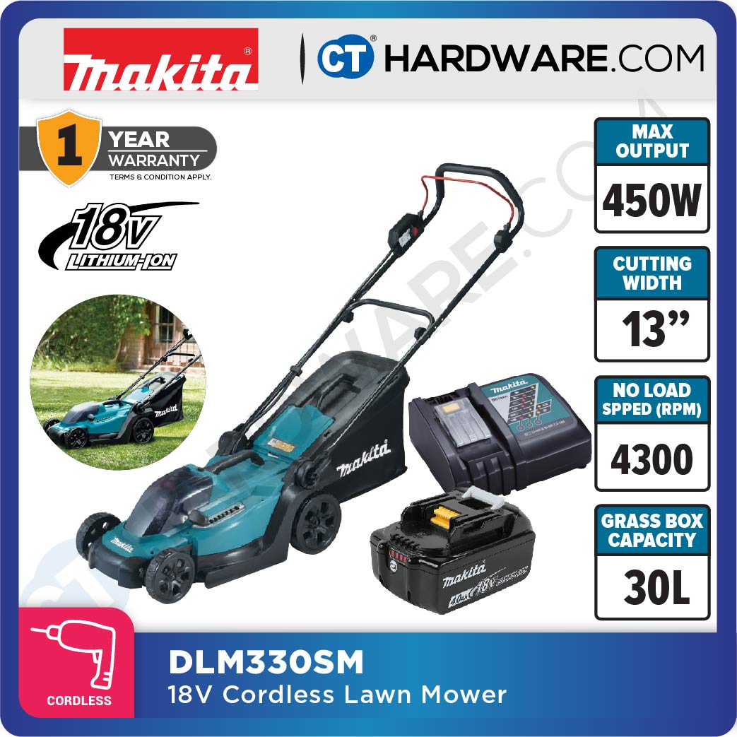 MAKITA DLM330SM CORDLESS LAWNMOWER 13" 18V 450W 4300RPM 30L COME WITH 1PC 18V 4.0AH BATTERY & 1PC CHARGER