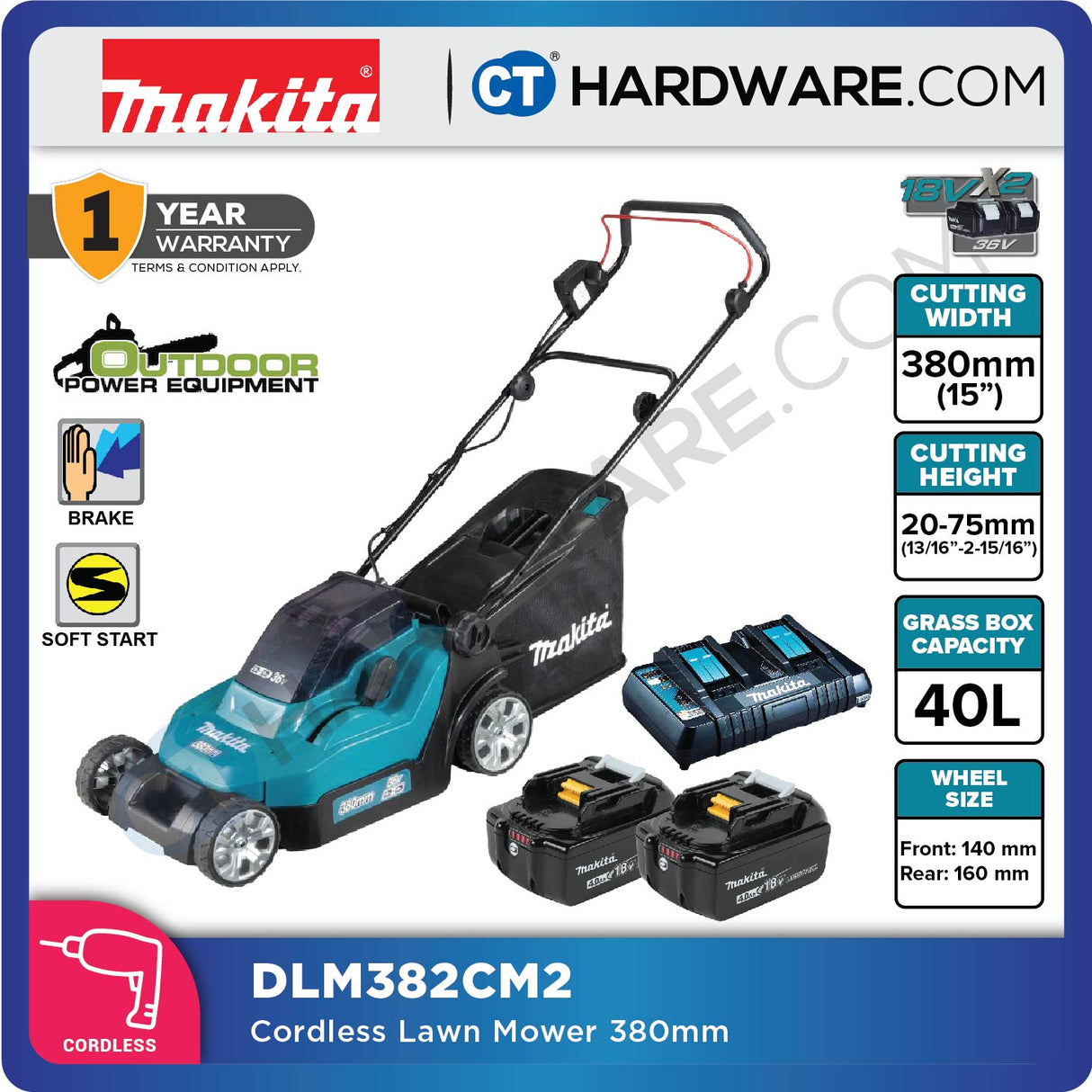 Makita DLM382PT2/ CM2/ Z LXT 18Vx2 Cordless Lawnmower 380mm (Body Only | 2-Battery)