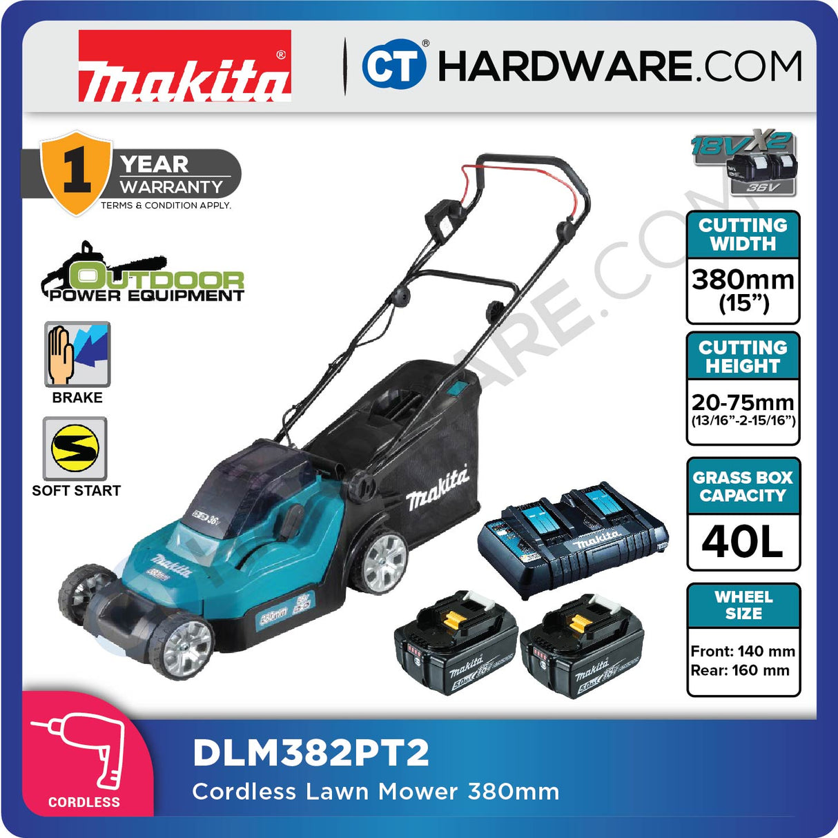 Makita DLM382PT2/ CM2/ Z LXT 18Vx2 Cordless Lawnmower 380mm (Body Only | 2-Battery)