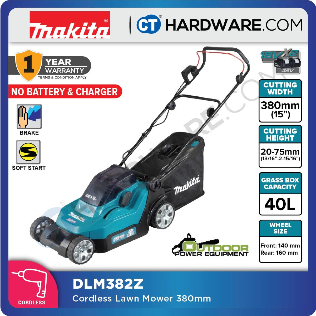 Makita DLM382PT2/ CM2/ Z LXT 18Vx2 Cordless Lawnmower 380mm (Body Only | 2-Battery)