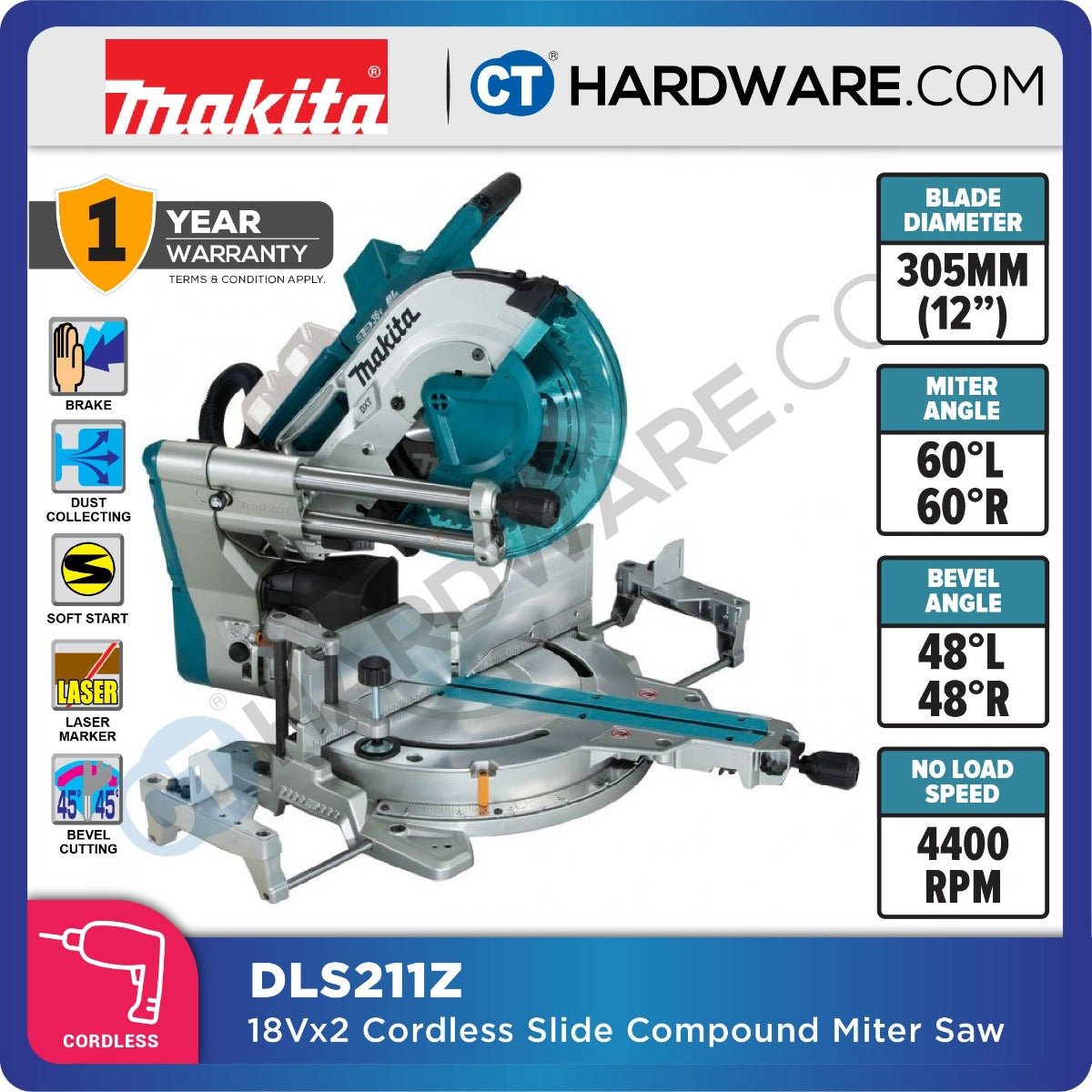 MAKITA DLS211Z BRUSHLESS SLIDE COMPOUND MITRE SAW 18V 12" 4400RPM WITHOUT BATTERY & CHARGER ( SOLO )