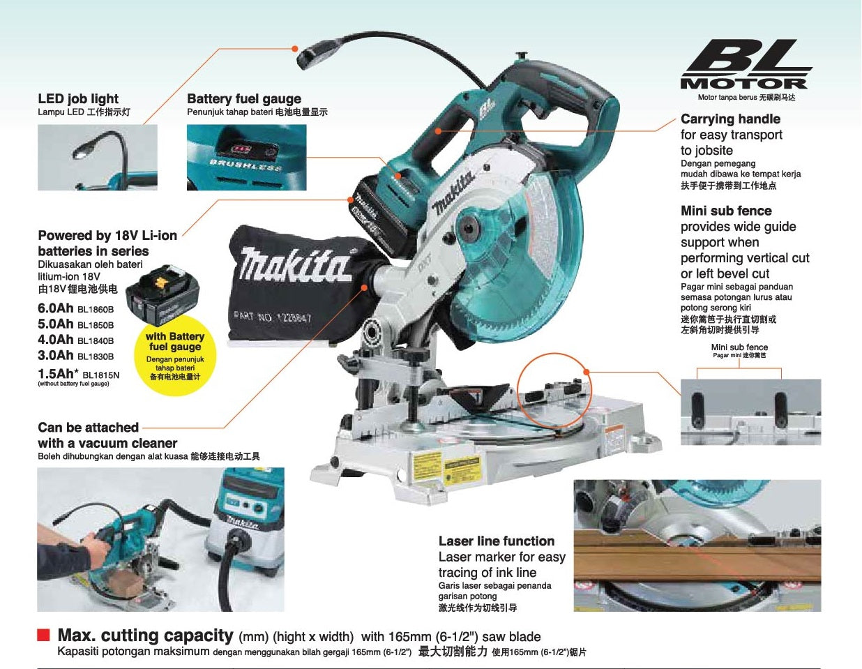 MAKITA DLS500Z BRUSHLESS COMPACT MITRE SAW 18V 6-1/2" 165MM 5000RPM 340MM WITHOUT BATTERY & CHARGER