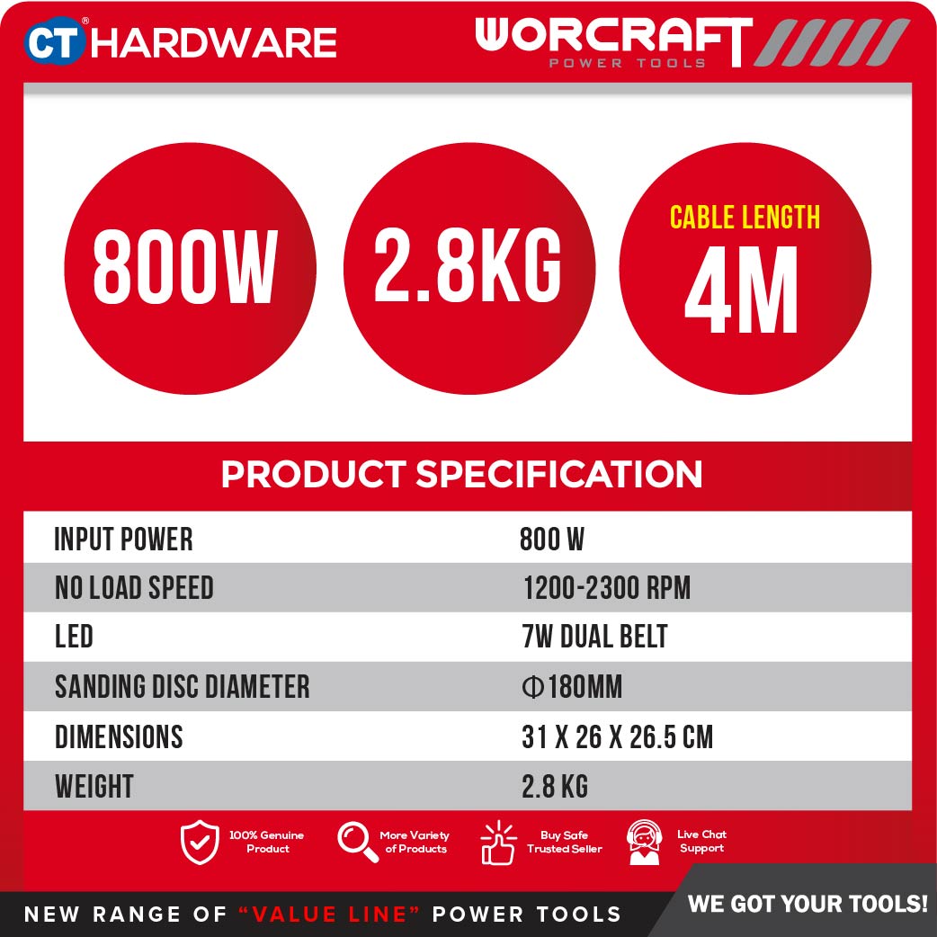Worcraft DS08-180 Drywall Sander 800W 180mm 1200-2300RPM