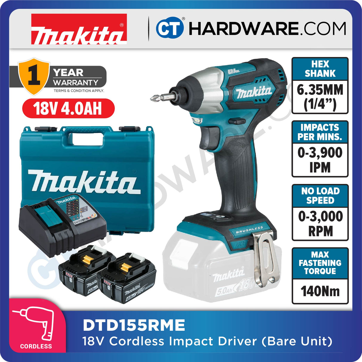 Makita DTD155RME/ Z LXT 18V Cordless Brushless Impact Driver 1/4" (Body Only | 2-Battery)