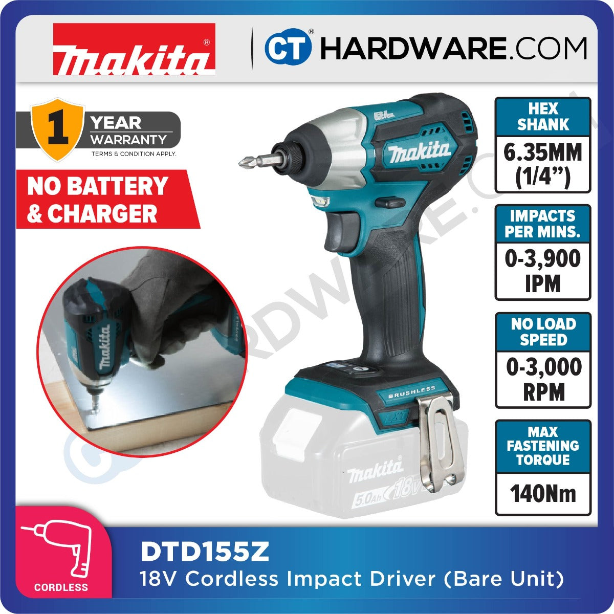 Makita DTD155RME/ Z LXT 18V Cordless Brushless Impact Driver 1/4" (Body Only | 2-Battery)