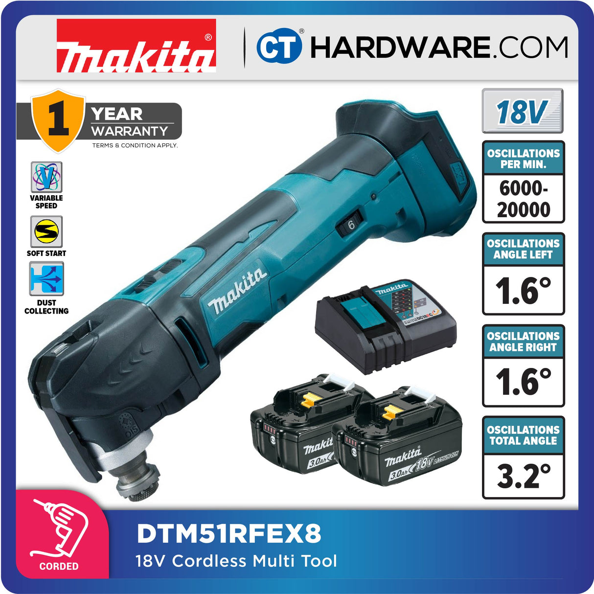 Makita DTM51RFEX8/ Z LXT 18V Cordless Multi Tool (Body Only | 2-Battery)