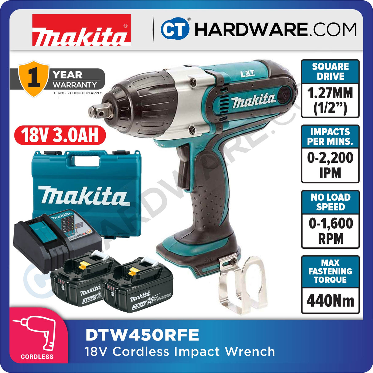Makita DTW450RME/ RFE/ Z LXT 18V Cordless Impact Wrench 1/2" 440NM (Body Only | 2-Battery)