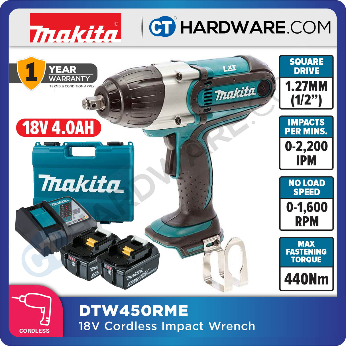 Makita DTW450RME/ RFE/ Z LXT 18V Cordless Impact Wrench 1/2" 440NM (Body Only | 2-Battery)