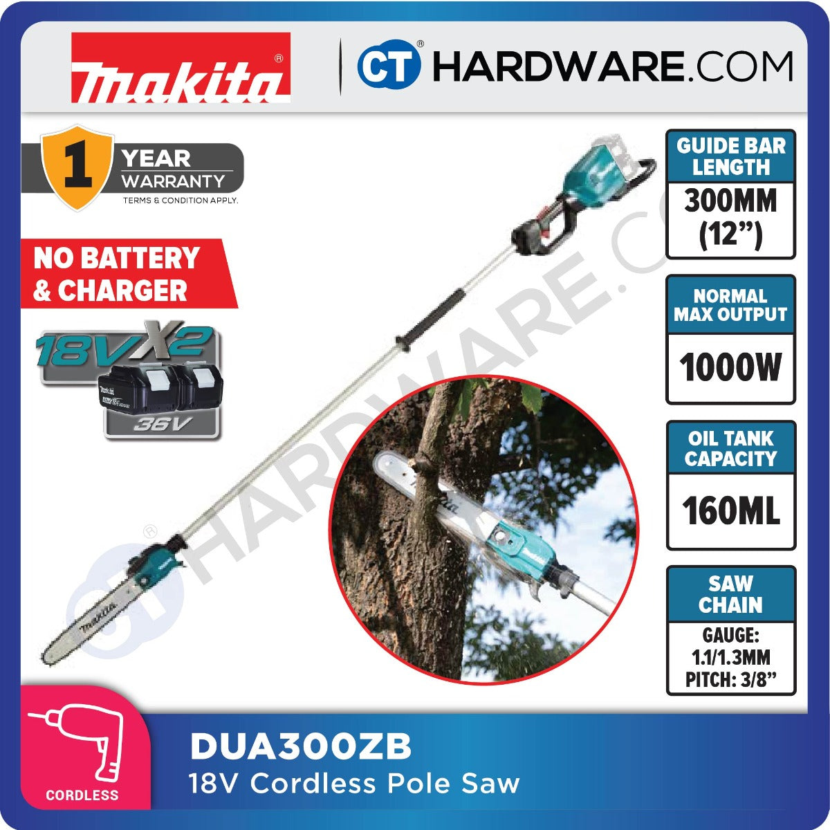 Makita DUA300ZB LXT 18Vx2 Cordless Brushless Pole Saw 12" 300mm (Body Only)