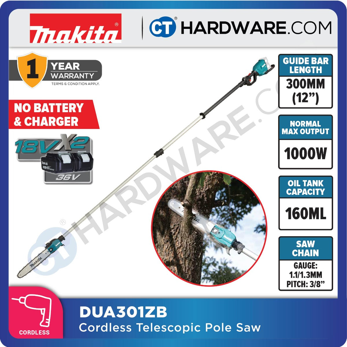 Makita DUA301ZB LXT 18Vx2 Cordless Brushless Telescopic Pole Saw 12" 300mm (Body Only)