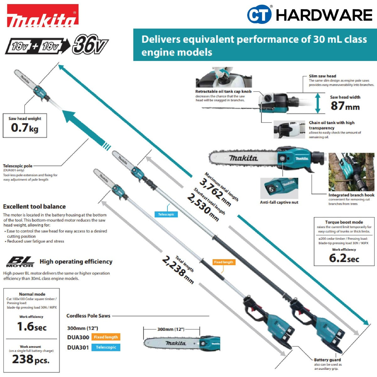 Makita DUA301ZB LXT 18Vx2 Cordless Brushless Telescopic Pole Saw 12" 300mm (Body Only)