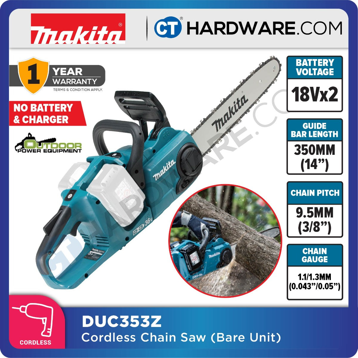 Makita DUC353Z LXT 18Vx2 Cordless Brushless Chain Saw 14" 305mm (Body Only)