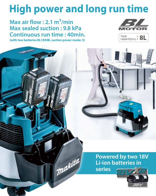 Makita DVC863LZ LXT 18Vx2 Cordless Brushless Dry Vacuum Cleaner 8L With 2×3.0Ah Batteries and Charger Kit