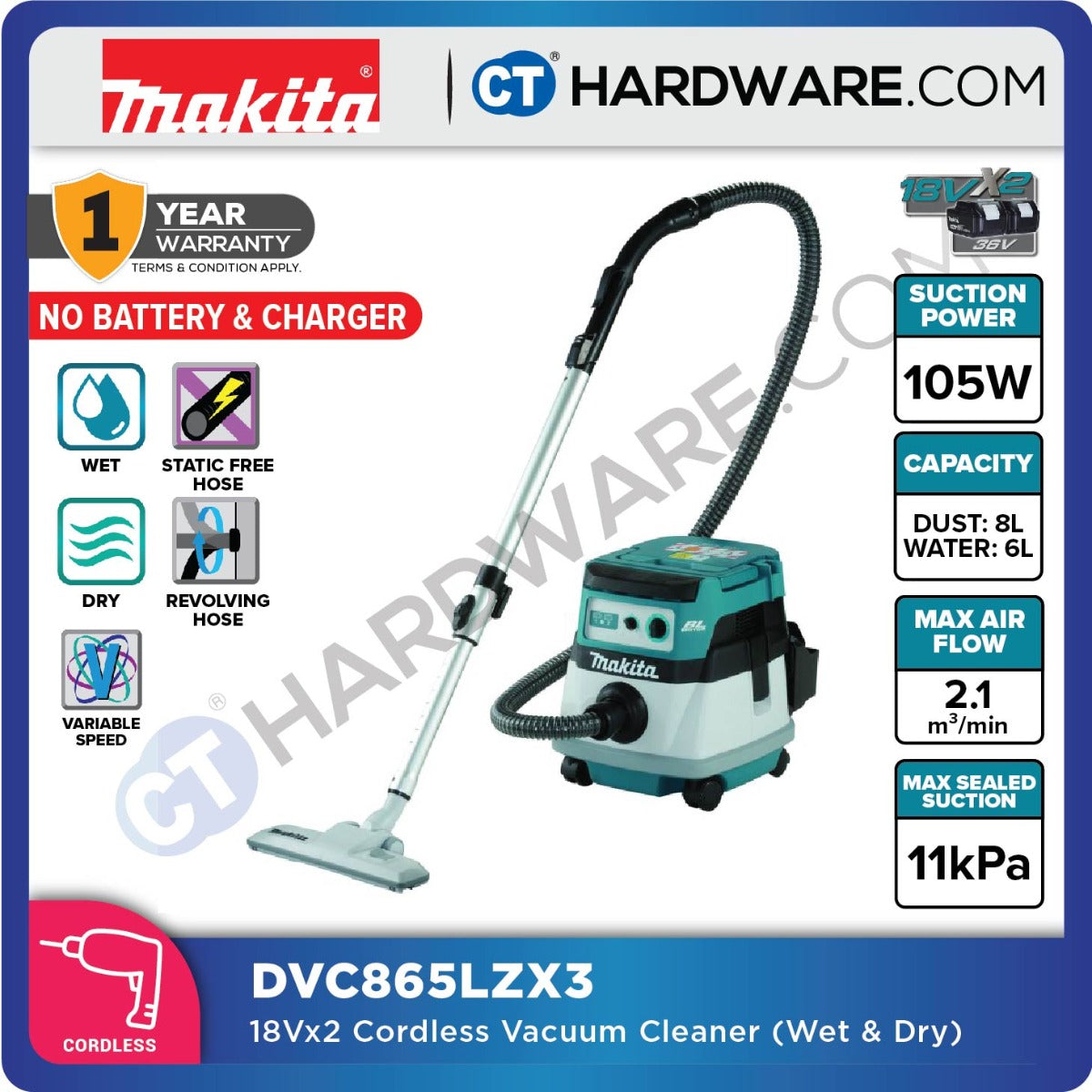 Makita DVC865LZX3 LXT 18Vx2 Cordless Brushless Vacuum Cleaner Wet & Dry (Body Only)