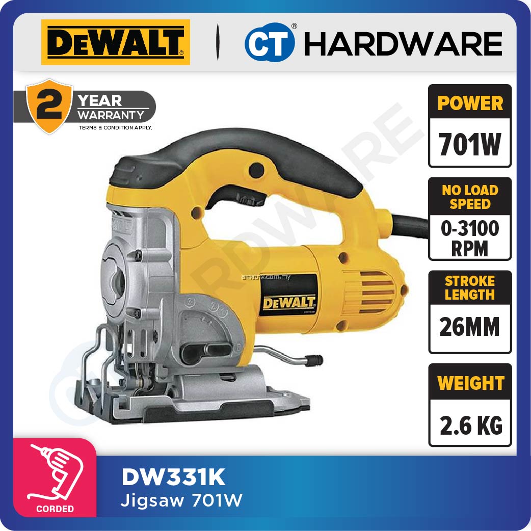 DEWALT DW331K HEAVY DUTY TOP HANDLE JIGSAW 701W 3100SPM 26MM