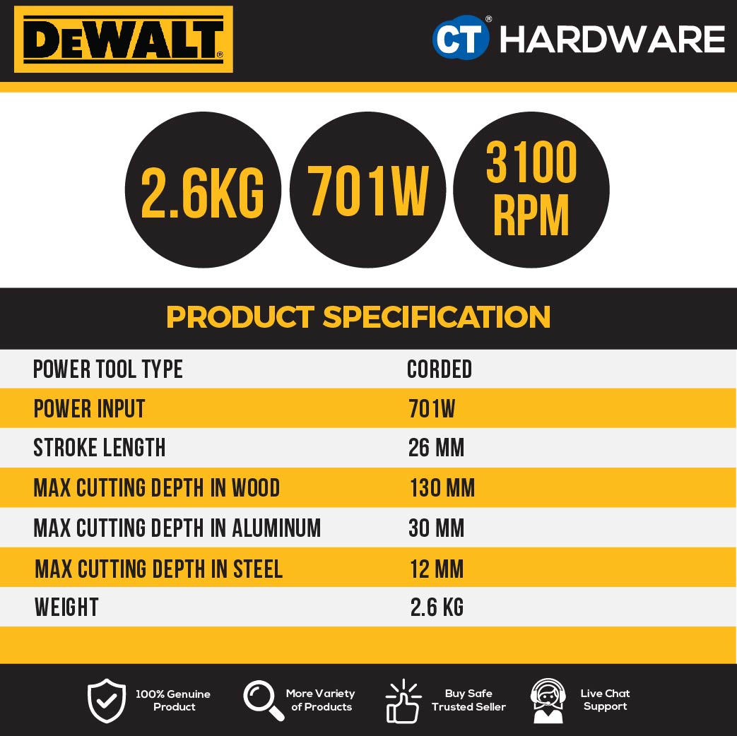 DEWALT DW331K HEAVY DUTY TOP HANDLE JIGSAW 701W 3100SPM 26MM