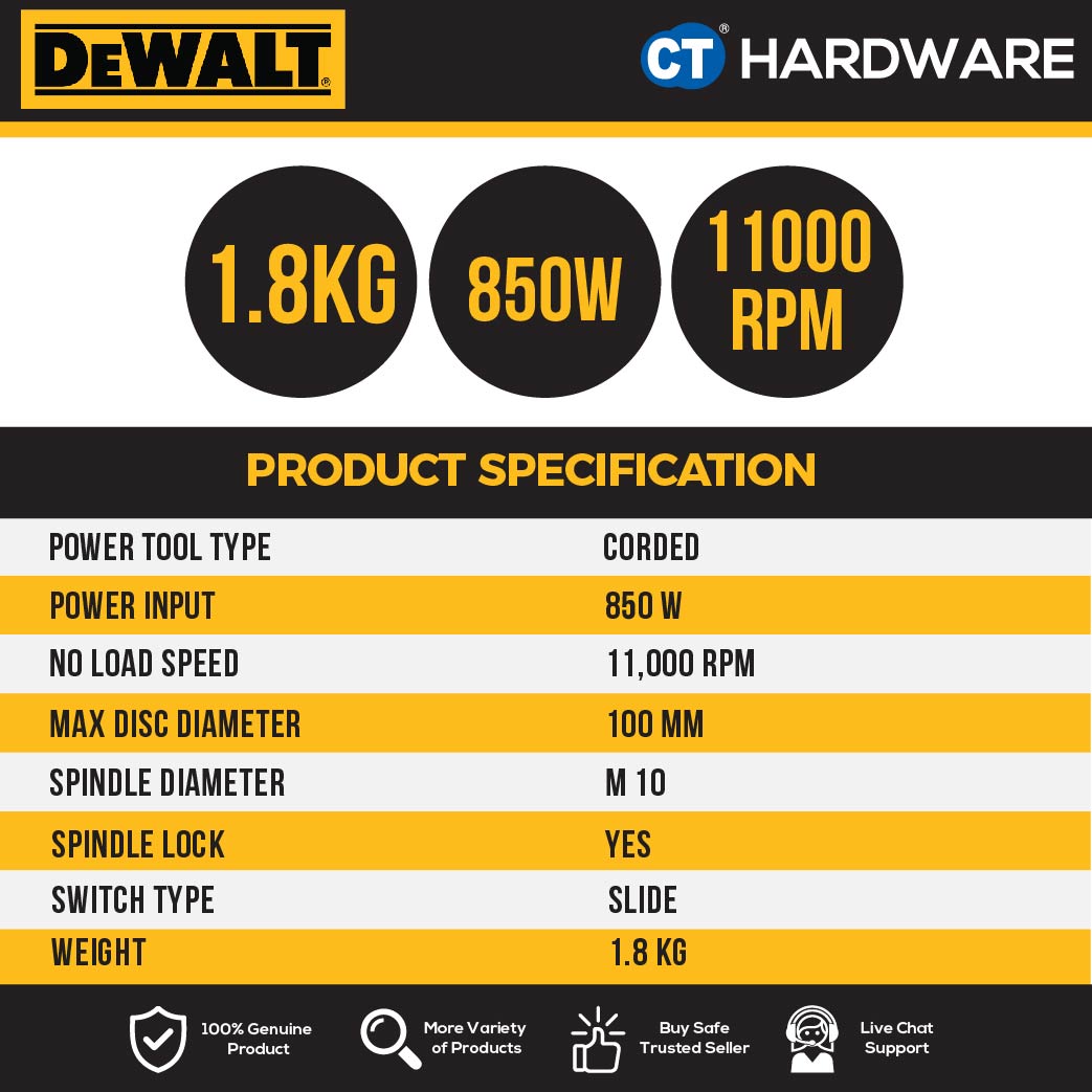DEWALT DW802 ANGLE GRINDER 4" 850W 220-240V 100MM 1100RPM CORDED (SLIDER SWITCH)