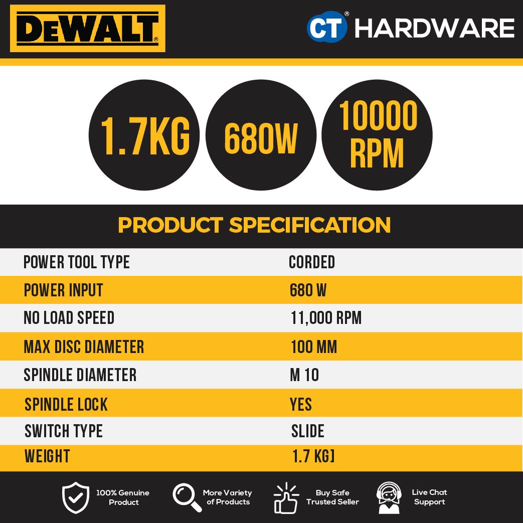 DEWALT DW810B ANGLE GRINDER 4" 850W 220-240V 100MM 1100RPM CORDED (SLIDER SWITCH)