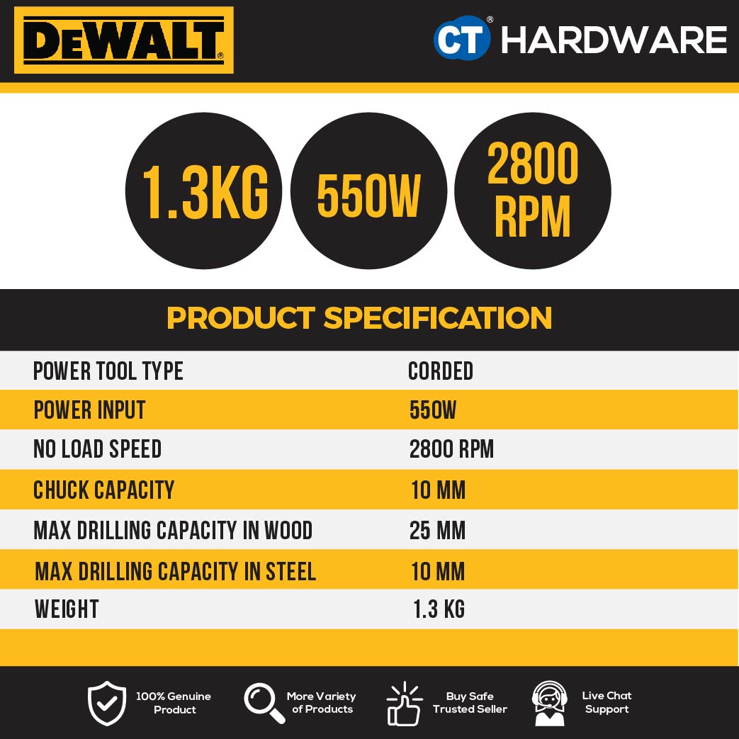 DEWALT DWD014 ROTARY DRILL 10MM 550W 2800RPM 1.3KG
