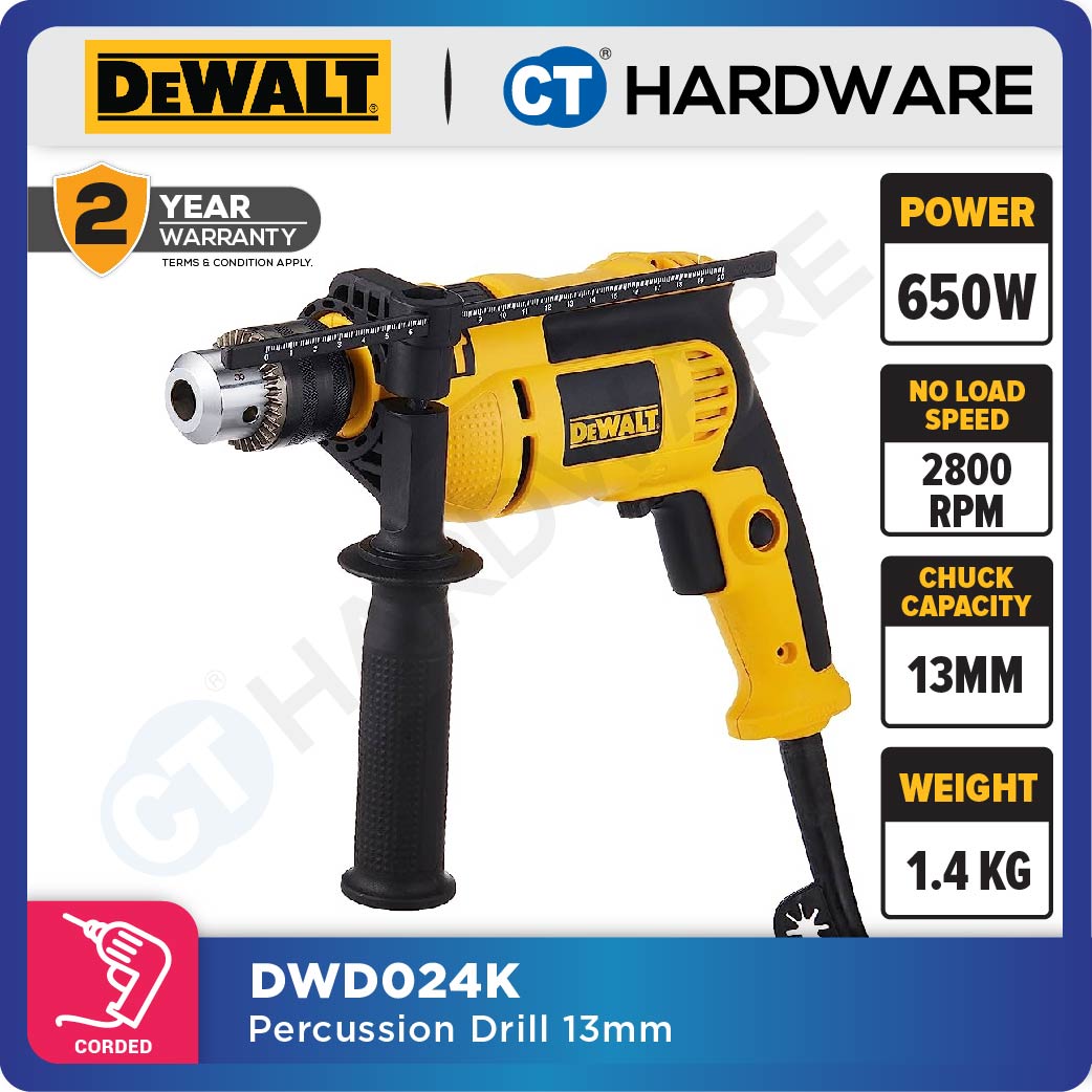 DEWALT DWD024K PERCUSSION DRILL 13MM 650W 2800RPM 1.6KG