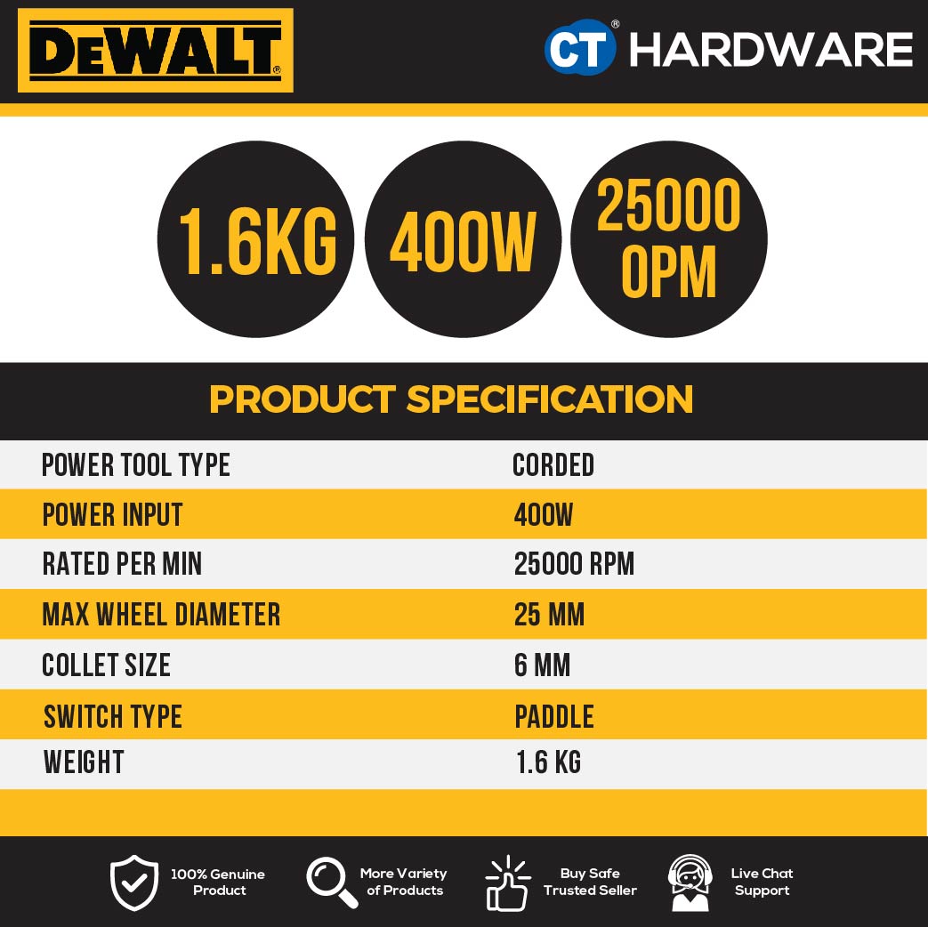 DEWALT DWE886P DIE GRINDER 400W 25000RPM 25MM 1.65KG ( PADDLE SWITCH )