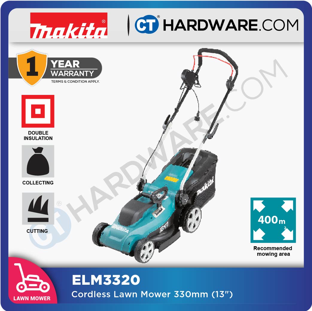 Makita ELM3320 Lawn Mower 1200W 330mm 20-55mm Height 30L Grass Box