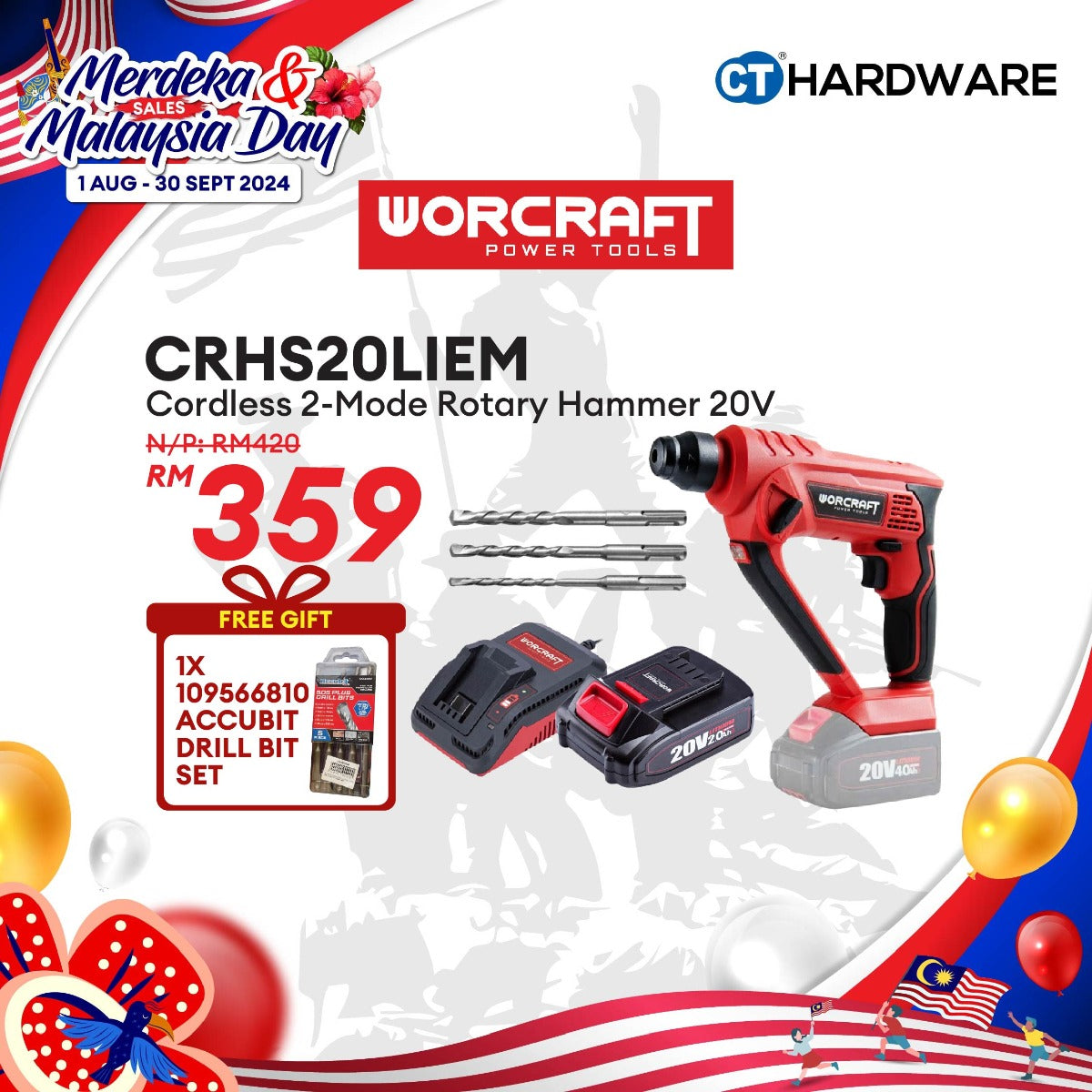 WORCRAFT CRH-S20LiEM Cordless Rotary Hammer 2-Mode | 20V | 900RPM | SDS PLUS Come With 1x 2.0Ah Battery + 1x Charger