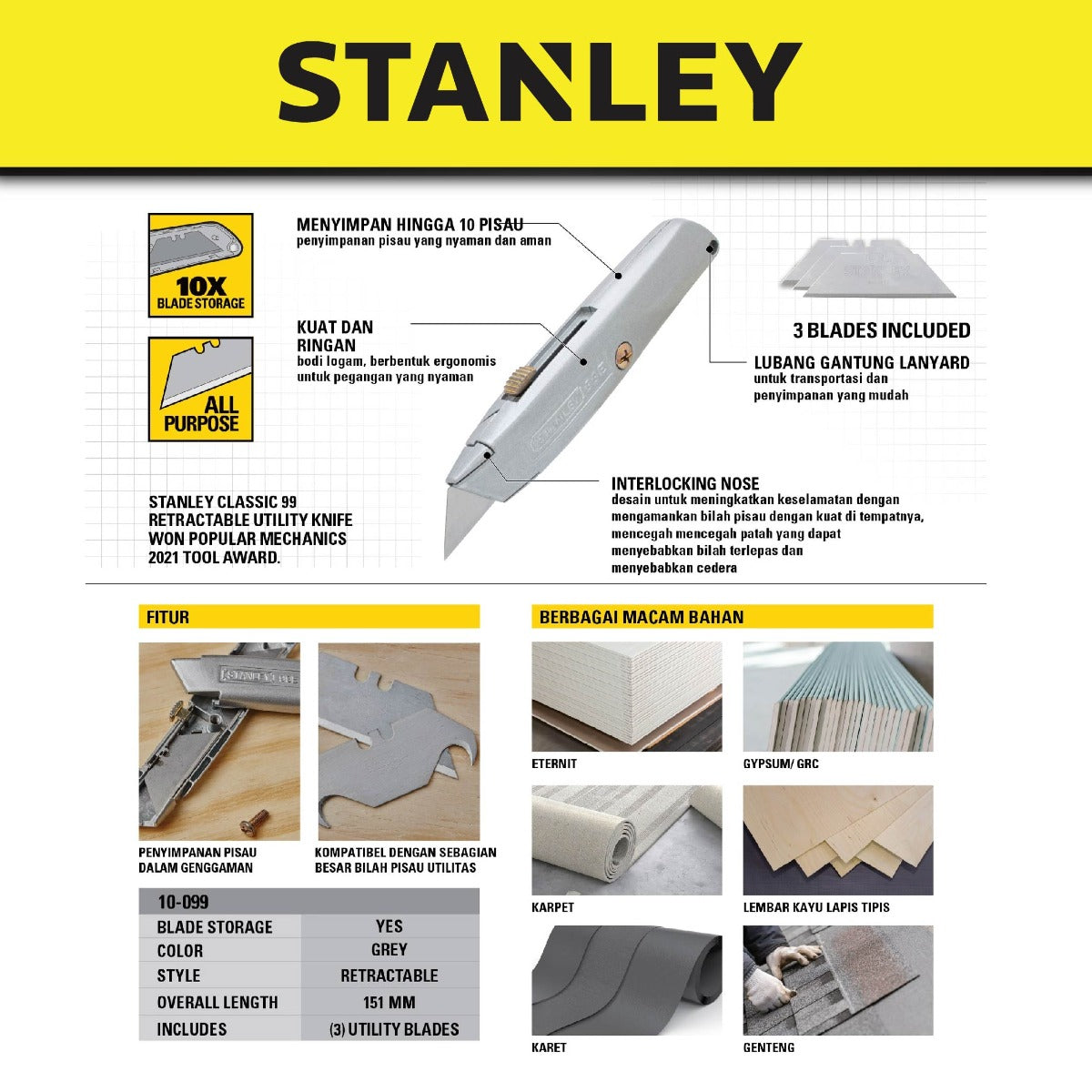 STANLEY 10099 CLASSIC RETRACTABLE GREY UTILITY KNIFE 6" (10-099)