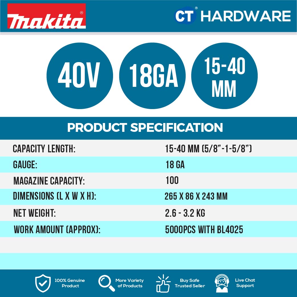 Makita FN001GD101/ GZ XGT 40Vmax Cordless Brushless Brad Nailer 15-40mm (F-Nail) (Body Only | 1-Battery)