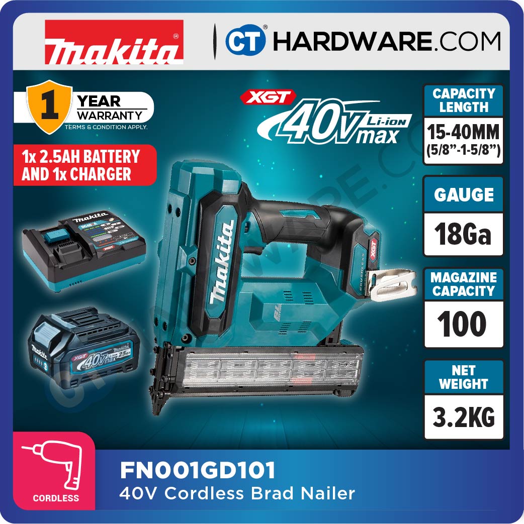 Makita FN001GD101/ GZ XGT 40Vmax Cordless Brushless Brad Nailer 15-40mm (F-Nail) (Body Only | 1-Battery)