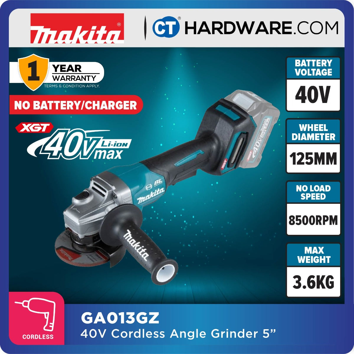 Makita GA013GM201/ GD201/ GZ XGT 40Vmax Cordless Brushless Angle Grinder 5" 125mm (Body Only | 2-Battery)