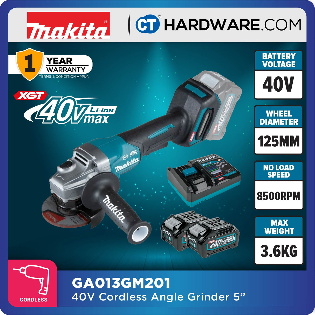 Makita GA013GM201/ GD201/ GZ XGT 40Vmax Cordless Brushless Angle Grinder 5" 125mm (Body Only | 2-Battery)